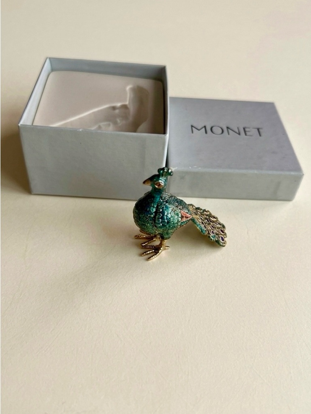 Monet Emerald Green Peacock Pin with Gold-Tone Accents